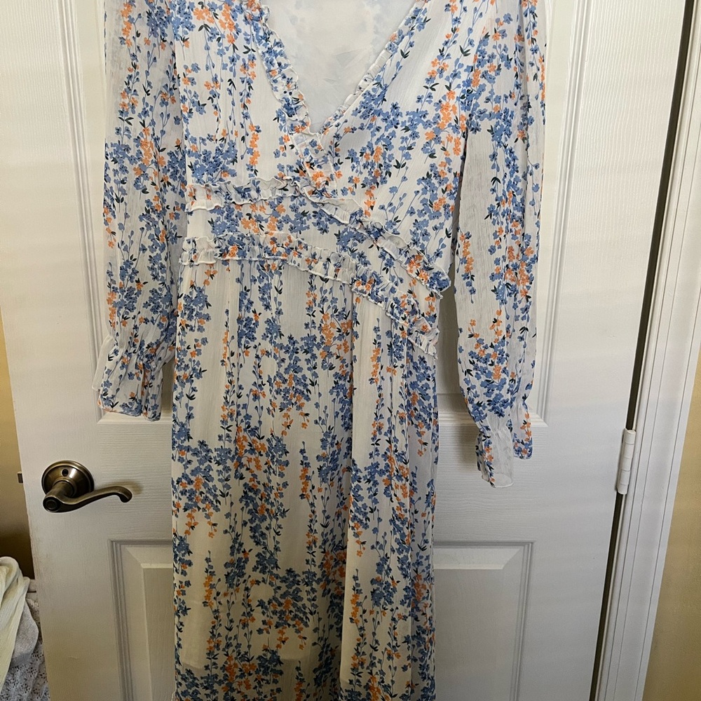 Women's White Floral Midi Dress with Blue & Orange Print